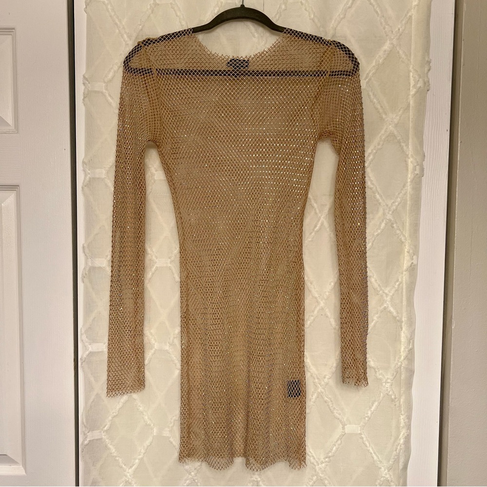 NWOT Nude Mesh/Netted Bodycon Long-sleeve Mini Dress w/ Rhinestones | Size Small